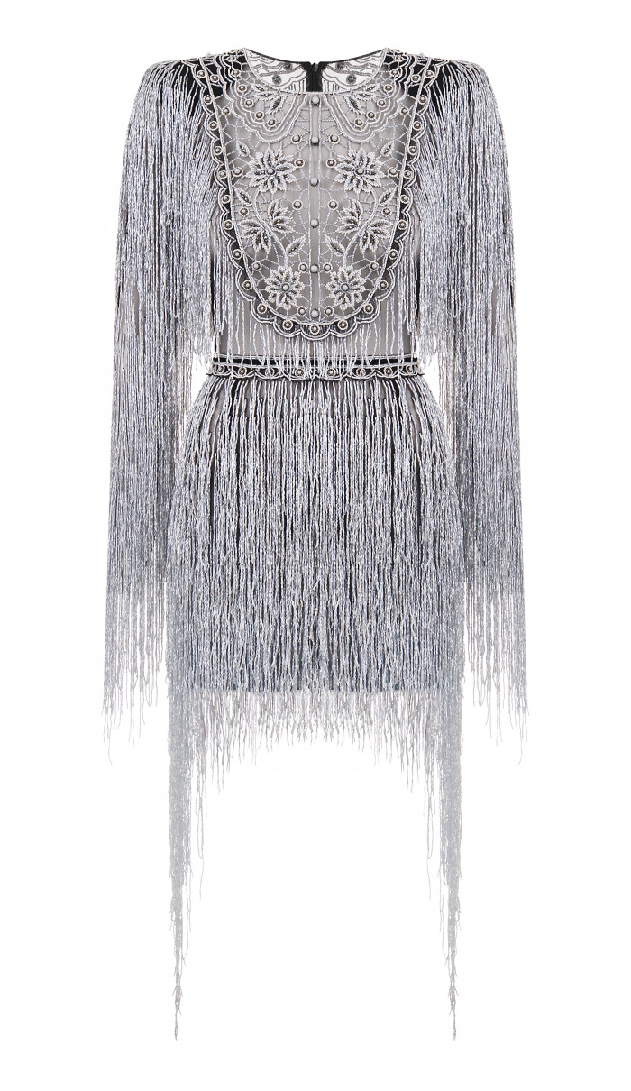 Dress with beaded fringe and embroidered 