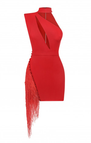 Red crepe dress with beaded fringe