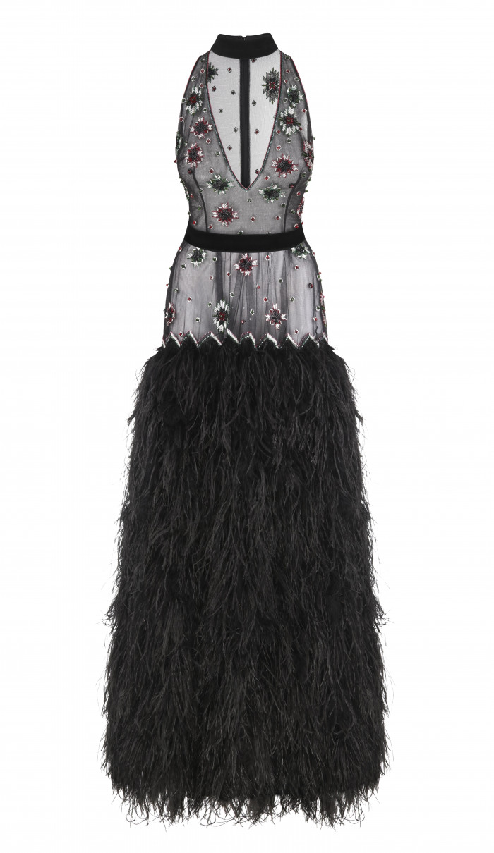 Black dress with embroidery and feathers