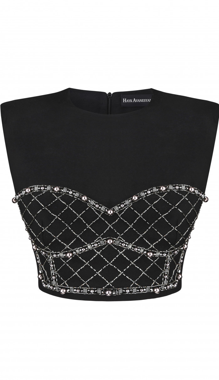 Black top with embroidered corset